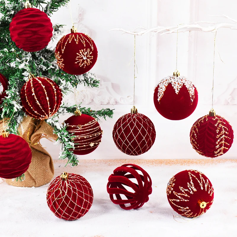 

4Pcs/Box 8cm Wine Red Christmas Ball Glitter Sequin Velvet Xmas Tree Hanging Ornaments Christmas Navidad New Year Party Decor