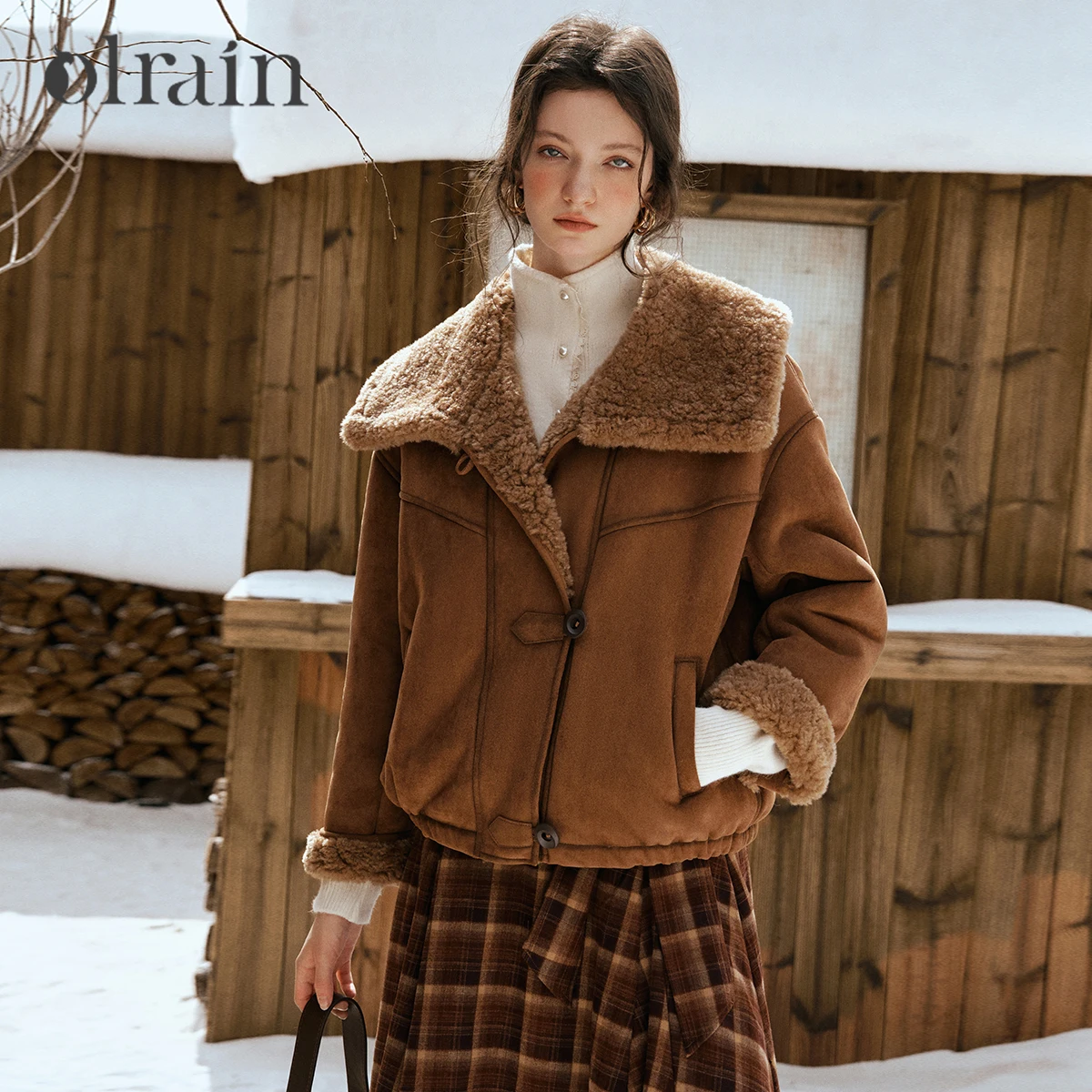 OLrain Women's Faux Suede Jacket 2026 Winter Retro Camel Plush Warm Coat Short Lapel Loose Elegant Female Outerwear GO57DP003629