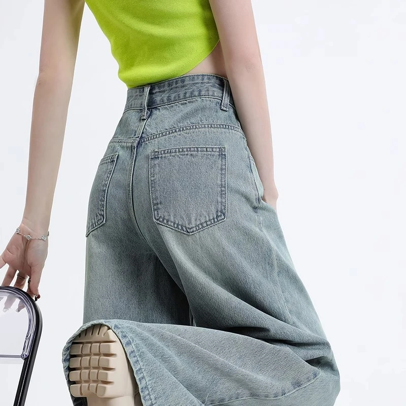 Washed retro wide-legged jeans female spring and summer thin section high-waisted thin big swing skirt pants drag pants