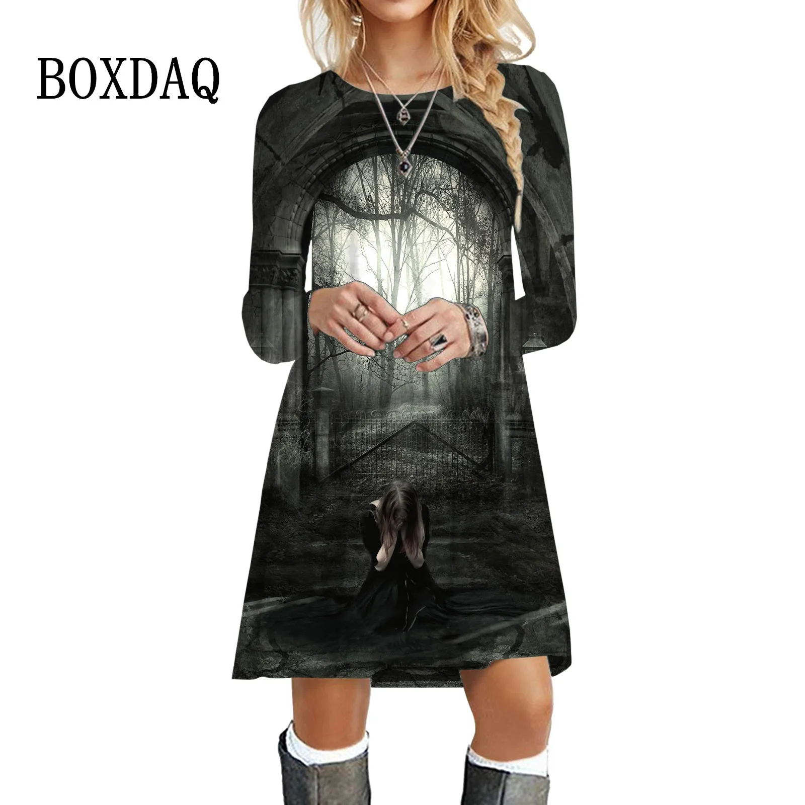 Fashion Gothic Style Dark Terror Dress Women Clothing Halloween Party Long Sleeve Loose Dress Casual Vintage Print Pattern Dress