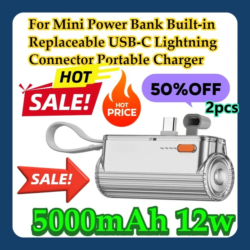 

For Mini Power Bank Built-in Replaceable USB-C Lightning Connector 5000mAh Portable Charger 2pcs