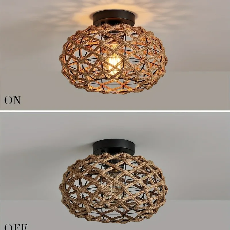 Chic Hemp Rope Ceiling Light - Woven Rattan Wicker Accents - Semi Flush Mount Retro Fixture for Kitchen Bedroom Hallway