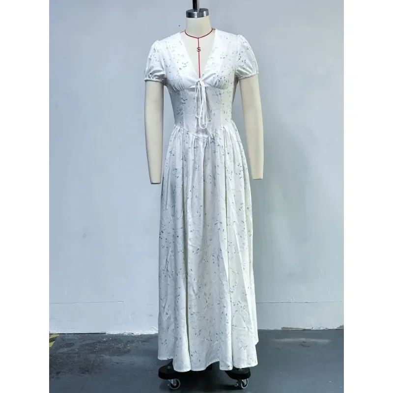 Lange Jurken Vrouwen Sexy V-hals Bloemenprint Korte Mouw Zoete Jurk Elegante Nieuwe Street Wear Groothandel Dropshipping 2025