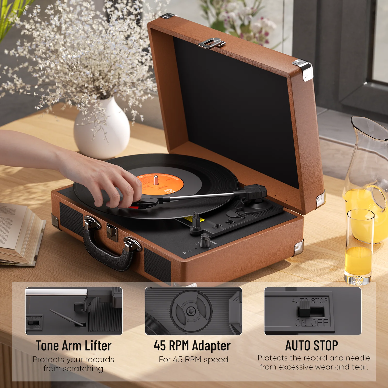MAIO  3-Speed 33/45/78RPM Vinyl Spinner with 2 Built-in Stereo Speakers, Retail Packaging, Record Size Converter