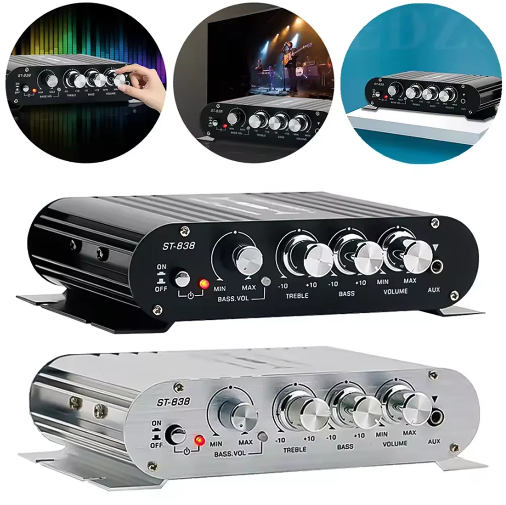 ST‑838 Amplificador de potencia HiFi de 2.1 canales, amplificador de audio para bajo, estéreo, RMS 20Wx2+40W, clase D, mini reproductor