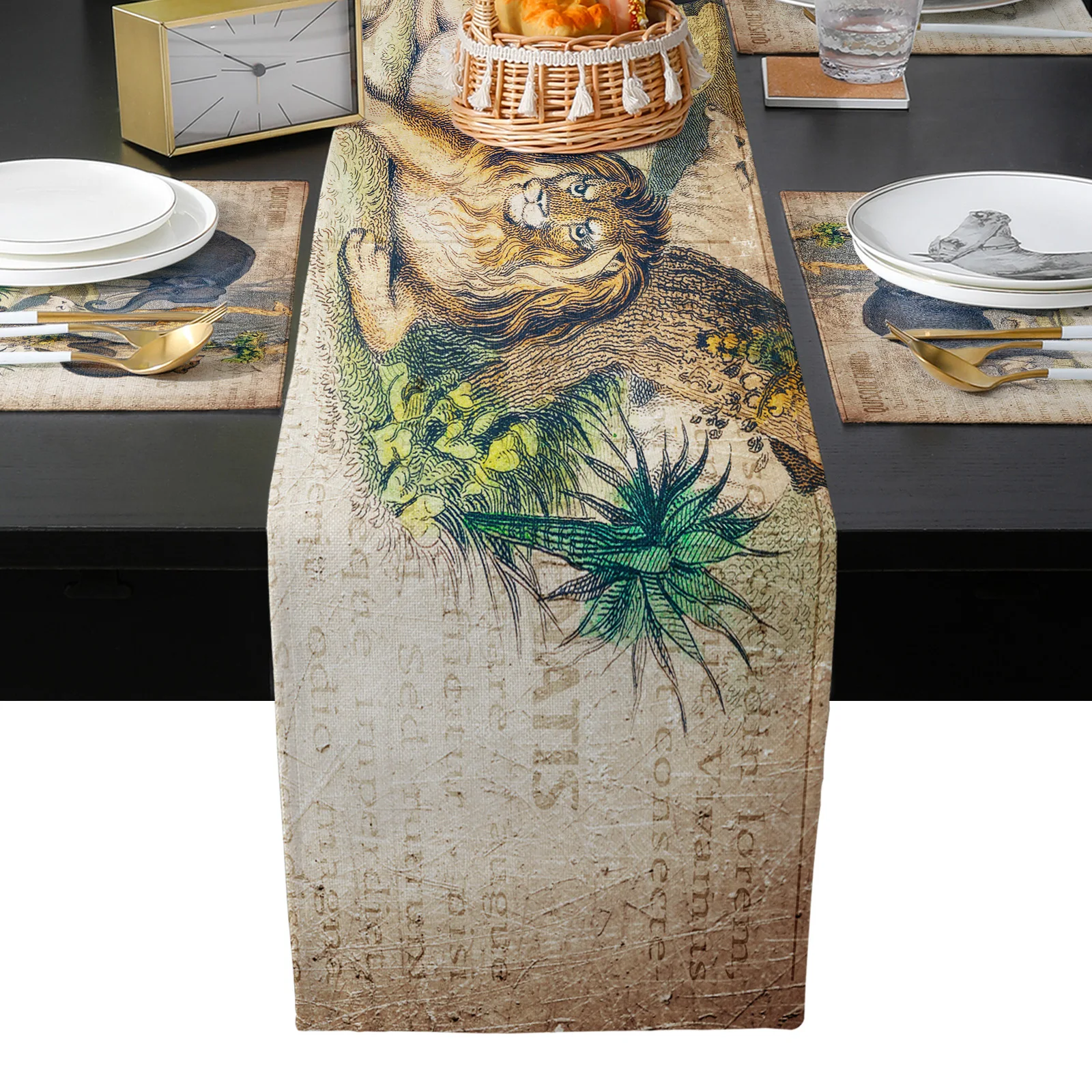 Old Newspaper Elephant Lion Tiger Bear Eagle Giraffe Table Runner Set Home Table Decoration Table Runners for Dining Table