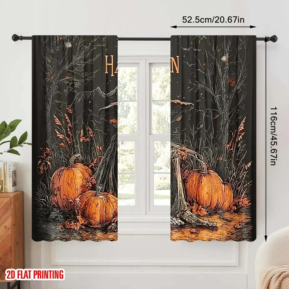 2pcs,2D plane printing Curtain Popular Spooky Skull & Pumpkin Durable 100% Polyester Fabric (without rod) Art Deco Festive for
