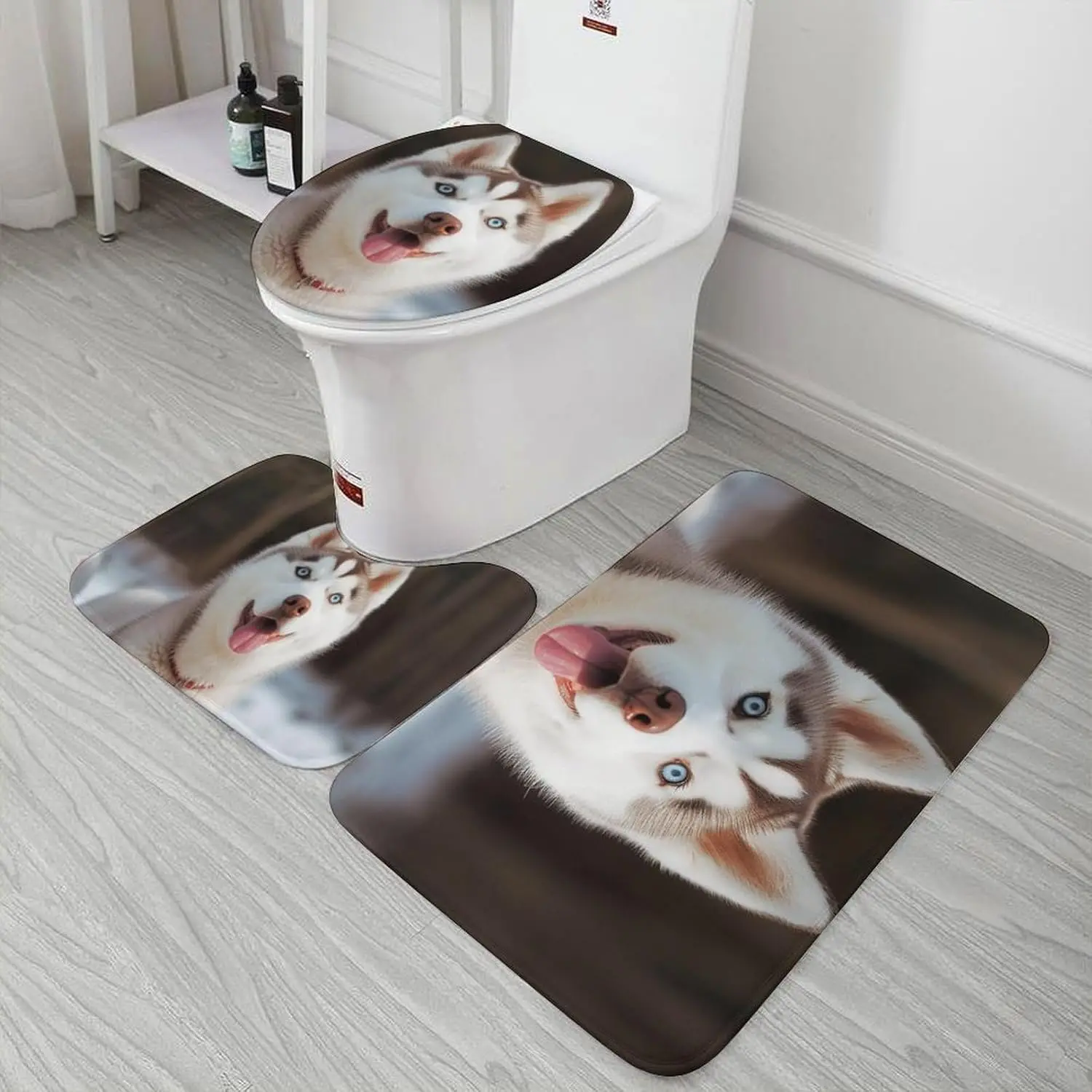 3-teiliges Badteppich-Set, rutschfest, saugfähig, Badematte, Konturmatte mit Toilettendeckelbezug, Husky, pikanter Hund, weiche Fußmatten für