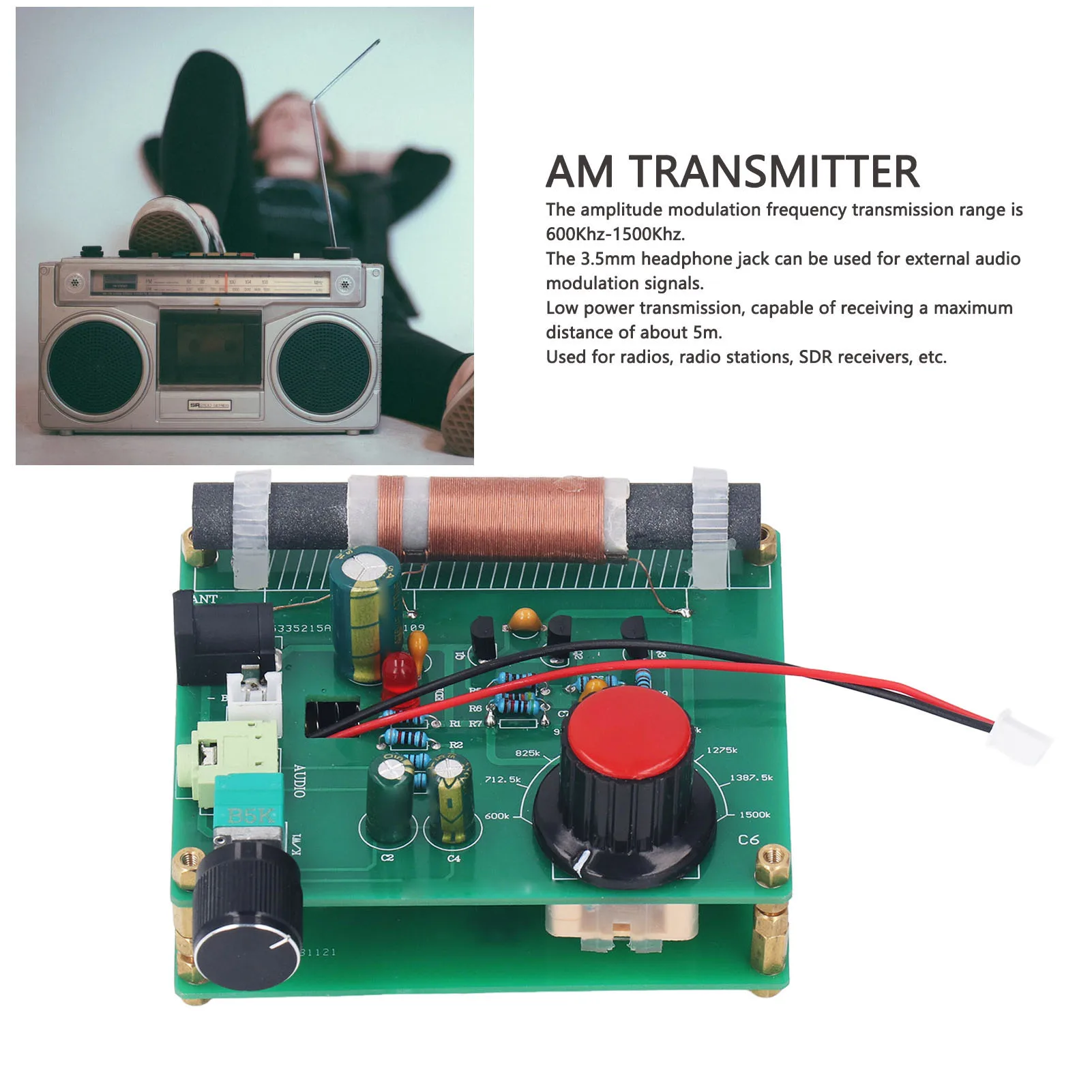 AM Transmitter 600Khz‑1500Khz Amplitude Modulation Transmitter 5‑12V with 3.5mm Headphone Interface