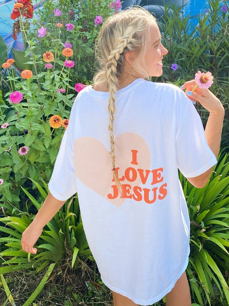 I Love Jesus Creativity Print Womens Cotton Clothes Casual Personality Streetwear All-math Oversize Short Sleeve Female T-Shirts