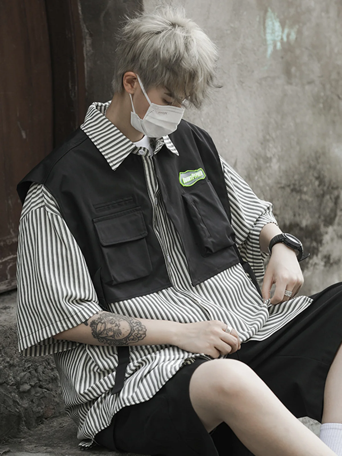 Summer Thin Short Sleeve Shirt Men's Patchwork Stripe Design Unique Handsome Vest Jacket Loose Fit Youth Fashion Casual Shirt