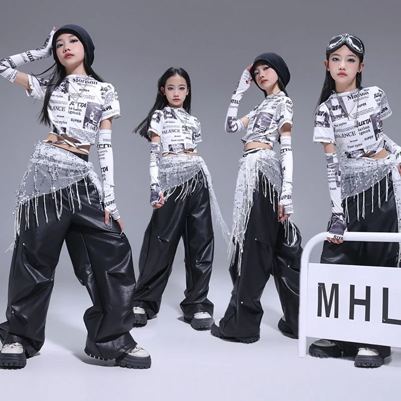 

Kid Kpop Hip Hop Clothing Mock Neck Letters Crop T Shirt Top Black Faux Leather Parachute Pants for Girls Dance Costumes Clothes