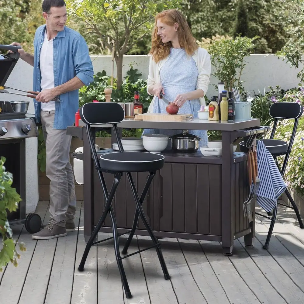 مقعد أسود قابل للطي مع مسند ظهر، مقعد مبطن لاستخدام جزيرة المطبخ وارتفاع العداد