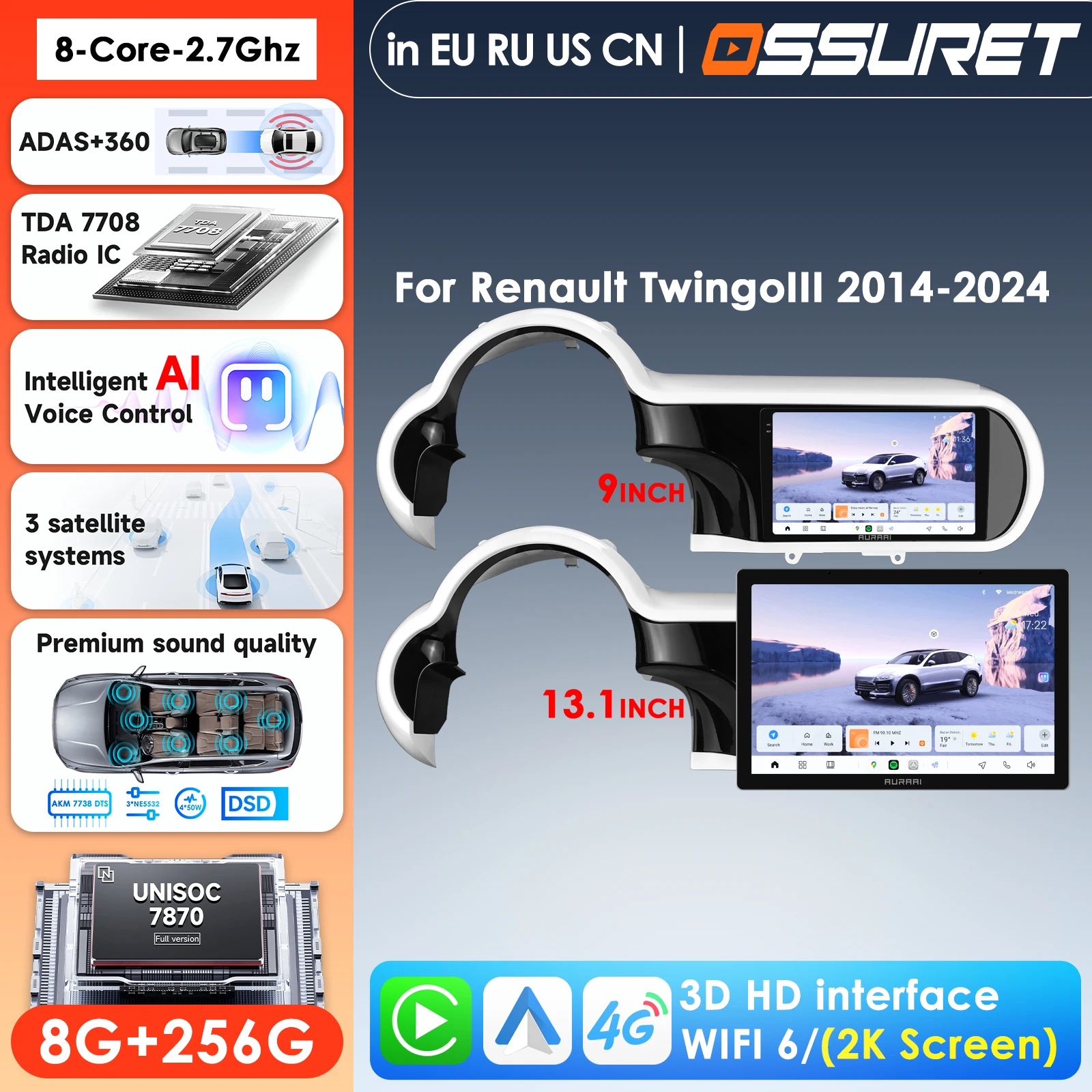 

OSSURET 2K экран с беспроводным Carplay и Android Auto для Renault Twingo 3 2014-2024, автомобильный мультимедийный проигрыватель, GPS-стереосистема