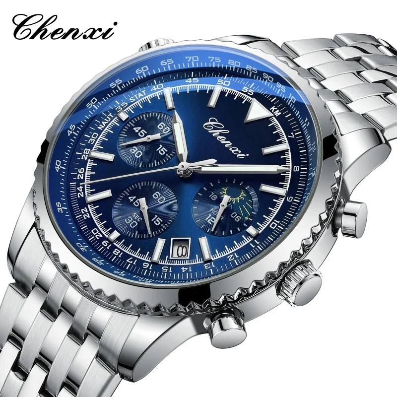 CHENXI 928 Fashion Men's Quartz Watches Multifunction Luminous Waterproof Stainless Steel Strap Calendar Business Men Wristwatch