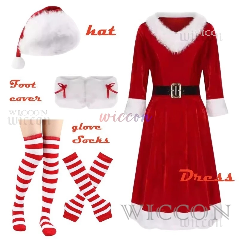 Natal veludo vestido de natal papai noel traje de natal festa de natal papai noel meias cosplay vestido cinto terno traje