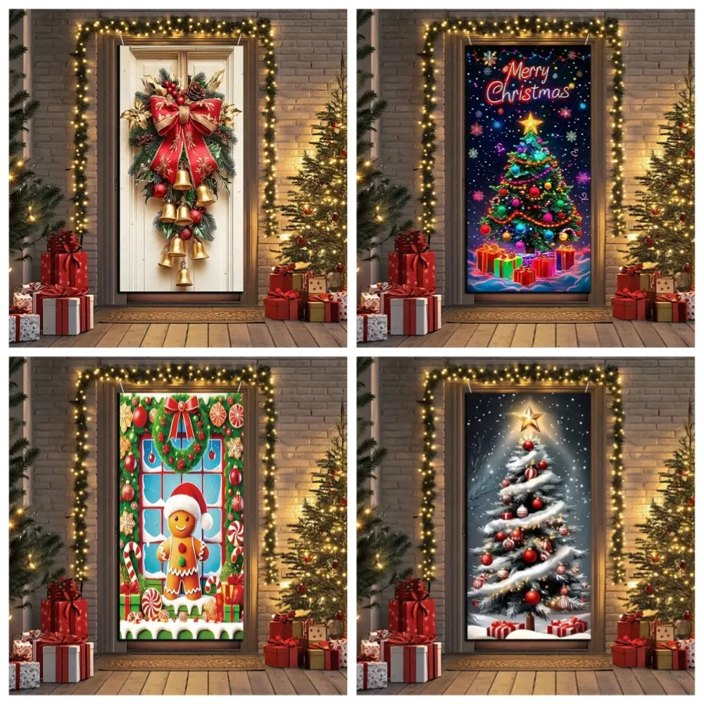 

Christmas tree themed door frame background, Christmas clock bouquet photography background wall, home decoration party Backdrop