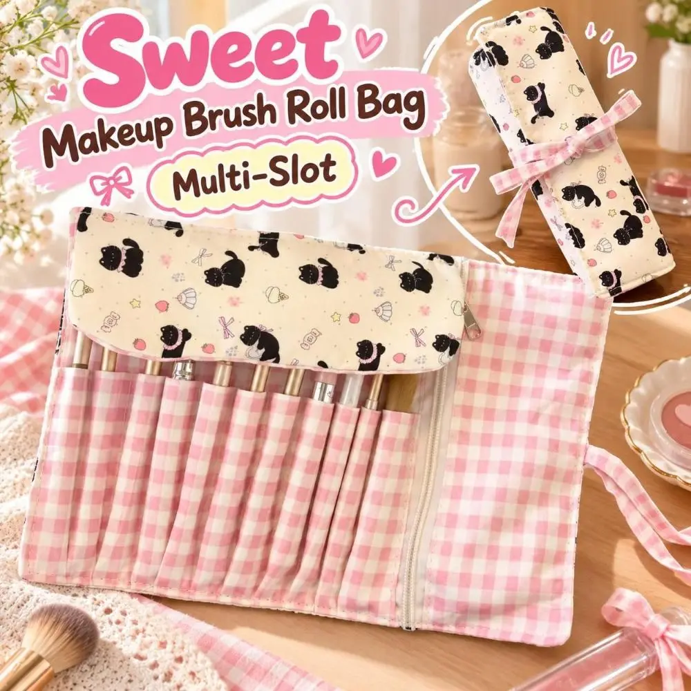 Multi-Slot Makeup Brush Roll Bag Roll-Up Ribbon-Tie Cosmetic Brush Pouch Grid Pattern Lightweight Brush Storage Wrap