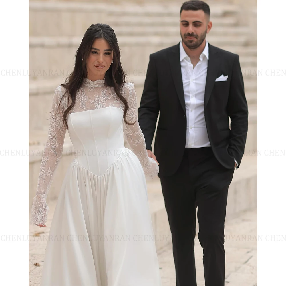 ROSEANN คลาสสิกมุสลิมเจียมเนื้อเจียมตัวชุดแต่งงาน 2025 ที่กําหนดเอง A-Line คอลูกไม้ความยาวชุดเจ้าสาว Vestido De Novia