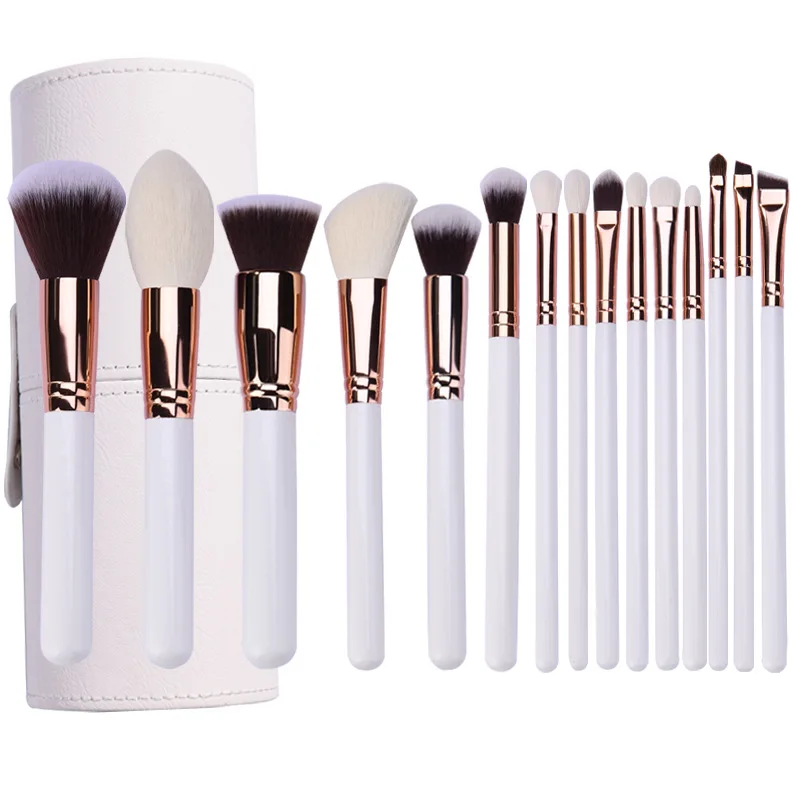 15 Pcs Premium White Wooden Makeup Brushes Set - Natural Goat Hair Eyeshadow & Powder Brush Professional Cosmetic Tools