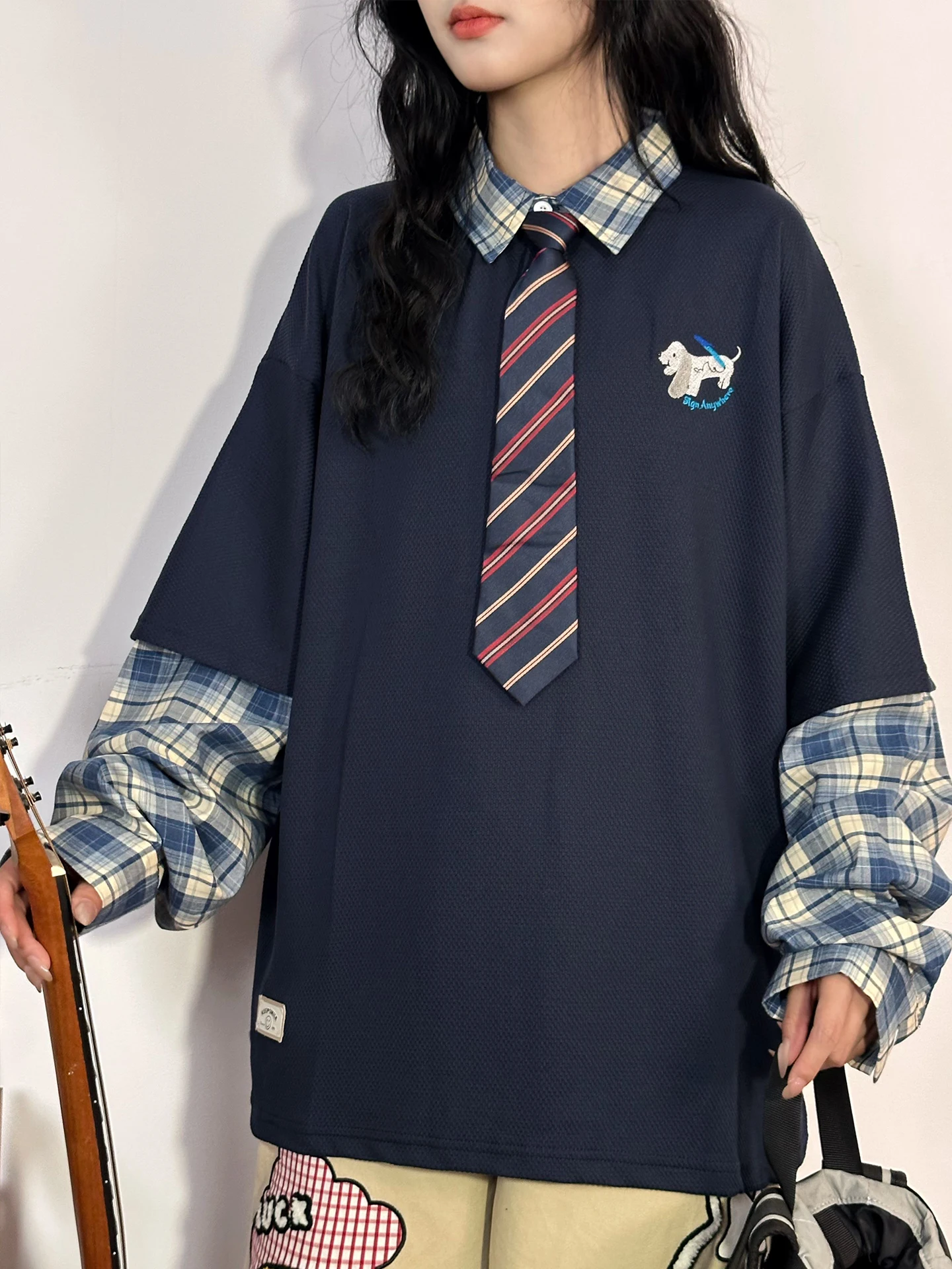 

Оригинальная американская ретро-рубашка в стиле колледж с пэчворком и клетчатым узором, с длинным рукавом, свободного кроя, женская, повседневная, из хлопка.