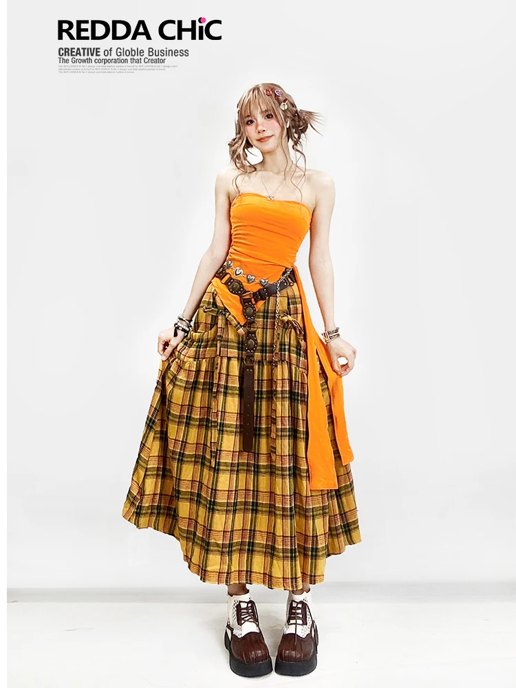 Américain rétro rue doux Cool Y2k Plaid épissage jupes à lacets nœud grande poche taille haute a-ligne longue jupe femmes été 2025