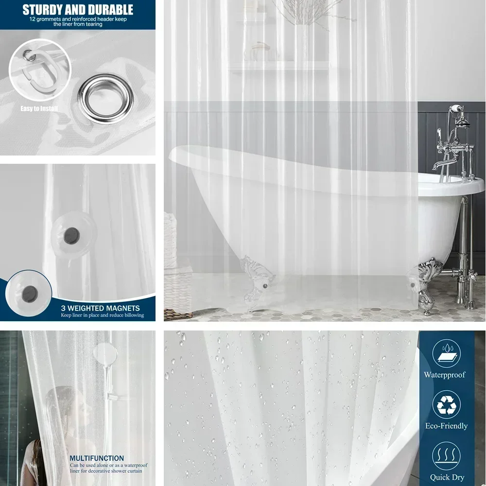 Clear Shower Curtains PEVA Transparent Bathroom Liner Waterproof Bath Curtains Bathroom Mould Proof Mildew Curtains with Hooks