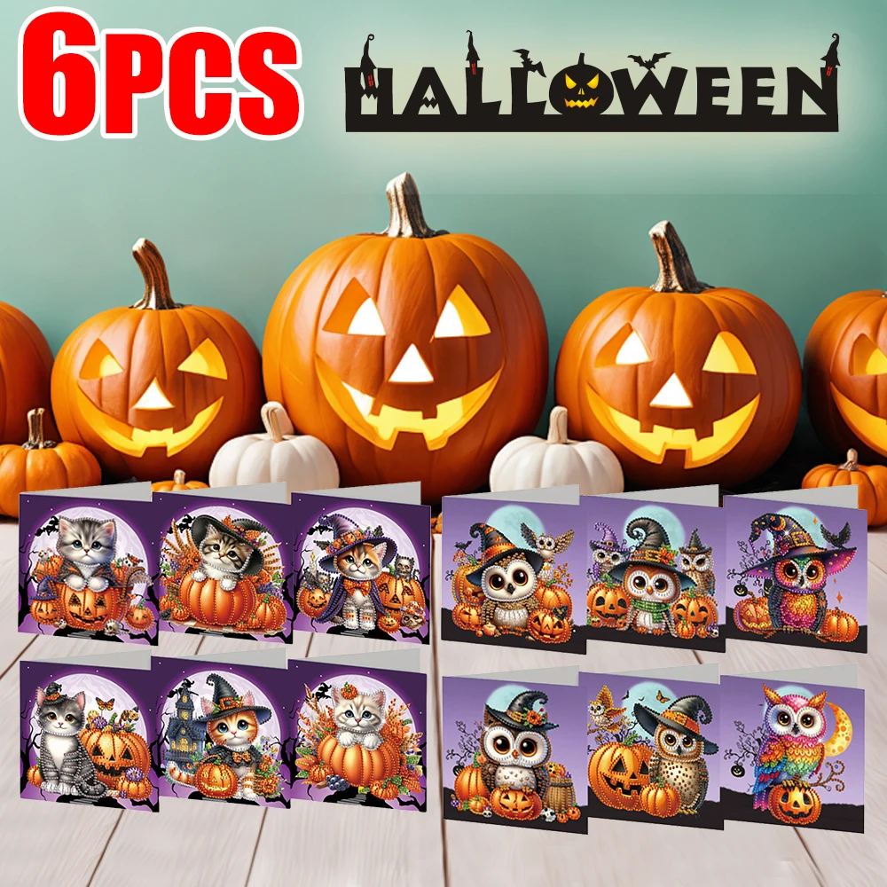 

6Pcs Halloween Owl Diamond Handmade Card Diamond Drawing Card Diamond Painting Greeting Card Gifts for Family Friends and Lover