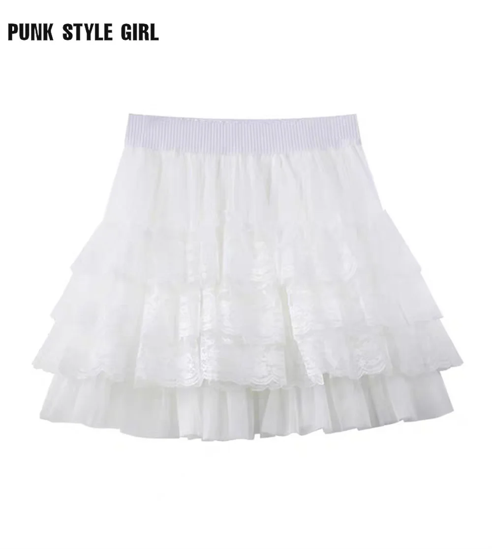 

2024 White Black Summer Sexy Women High Waist Skirt Dancing Big Swing Tutu Skirts Multi-Layer Lace Mesh Cake Short Skirt Ladies