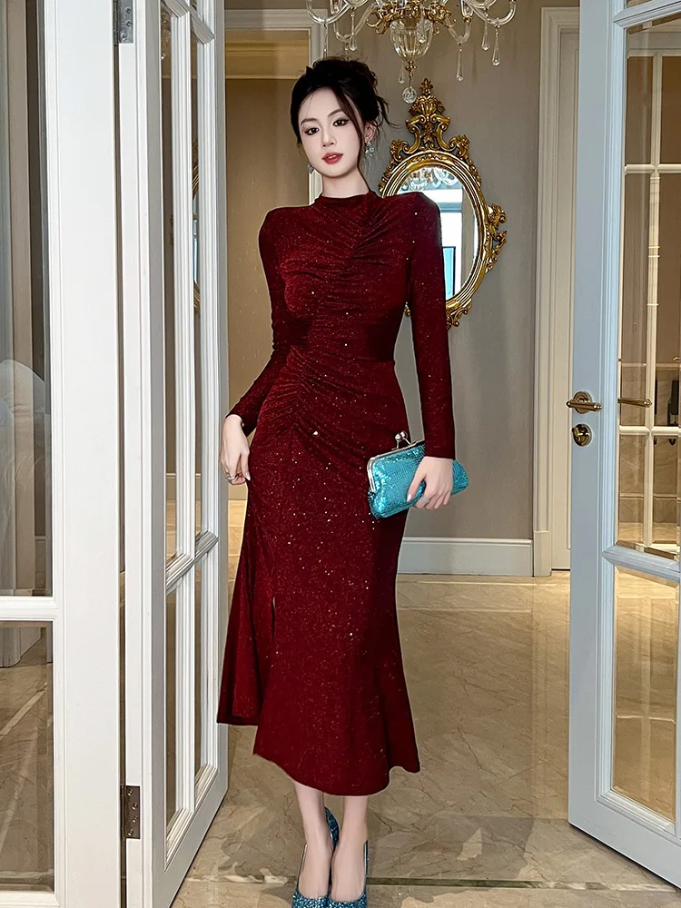 

Host Party Dress Autumn and Winter Women's French Stand-Up Collar Slim Pleated Sequin Dress