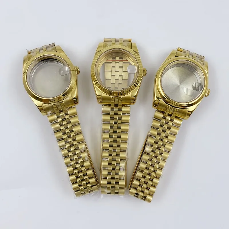 For NH35 Case Strap Set 36MM/39MM for Log Oyster Dog Tooth Ring Full Gold Case Set Sapphire Glass