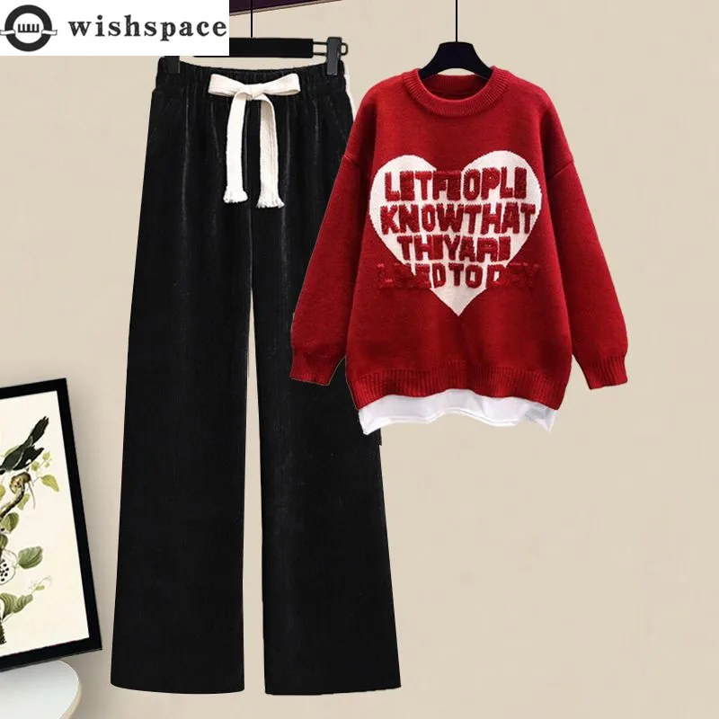 

Spring and Autumn Set Women's 2023 New Korean Loose Heart Sweater Casual Wide Leg Pants Two Piece Set Fashion