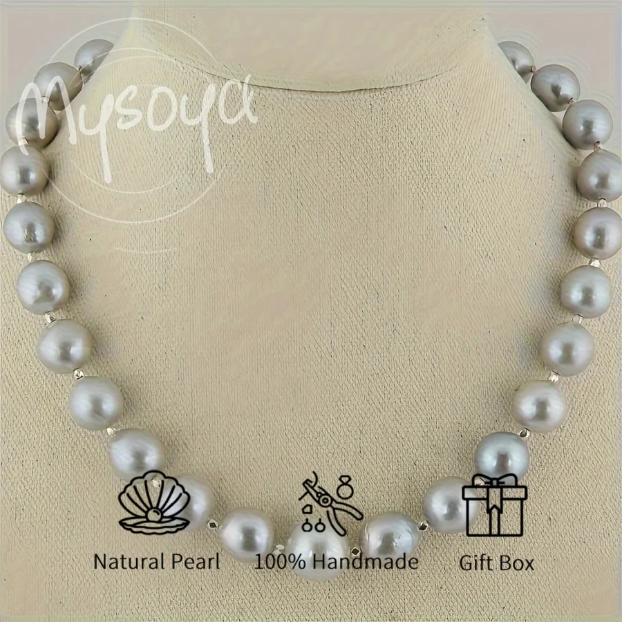 

Mysoya Large Gray Freshwater Pearl Necklace 10-12mm Pearls Gift Box An Elegant Birthday, Wedding, or Valentine's Day Gift