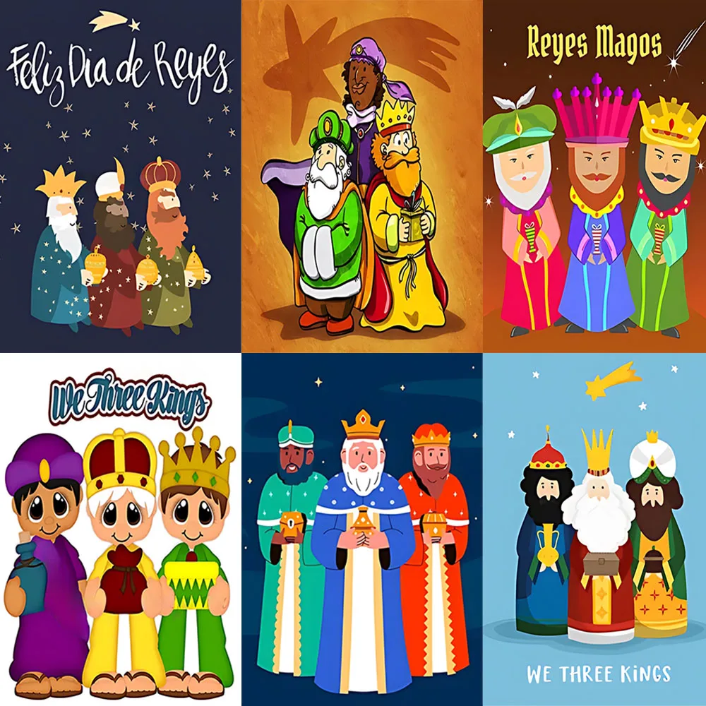 

2025 Cartoon Spain Three Kings Festival National Pattern Colorful Background Cloth Party Supplies Wall Banner Gold Blue Decor