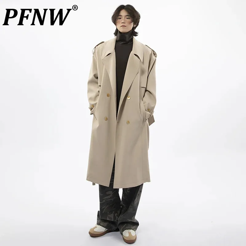 

PFNW Suit Collar Texture Knee Length Trench New Men Double Breasted Solid Color Korean Loose Male Long Tops Autumn Trend 28W4580