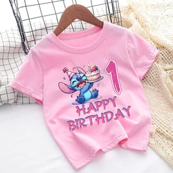 Disney Lilo dikiş T-shirt çocuklar için sevimli karikatür şekil Tee pembe pamuk T-shirt moda doğum günü kısa kollu gevşek giyim