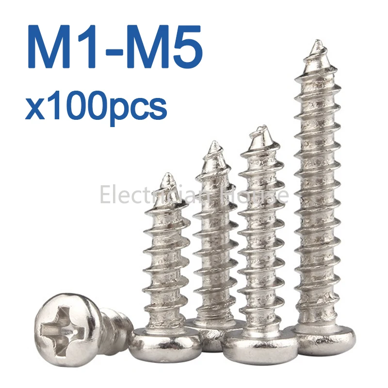 100pcs/Lot Nickel-Plated Carbon Steel Cross Recessed Round Head  Self-Tapping Screw M1 M1.2 M1.4 M1.7 M2 M3 M4 M5