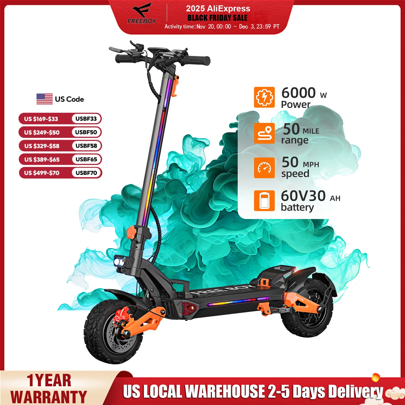 

FREEBOY Powerful Dual Motor Electric Scooter for Adults 6000W, 55Miles Range, 11'' Off-road Tires, Fast Electric Scooter 50Mph