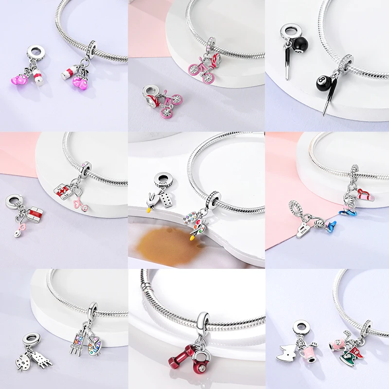 925 Sterling Silber Sport-Charm-Perlen Tennis-Schläger Boxhandschuhe Hantel Fitness DIY Armband Halskette Geschenk für Sportler – Detail 4