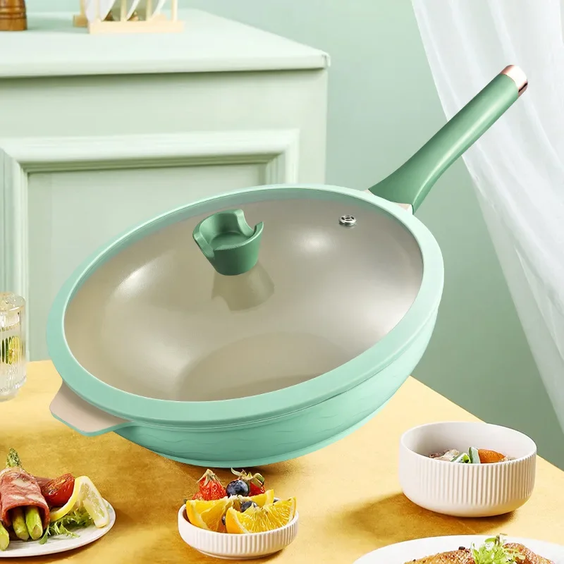 Light Luxury Household Non Stick Frying Pan Kitchen Wok Induction Cooker Universal Cookware Flat Bottomed Non Stick Pan Cookware