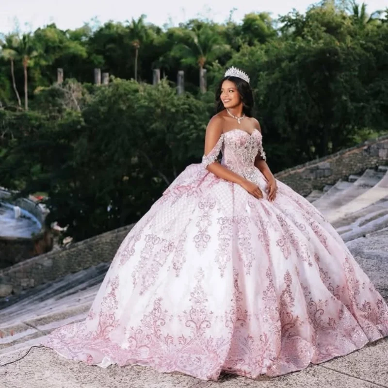 

Shiny Pink Quinceanera Dresses Off the Shoulder Glitter Crystal Decal Long tail Bow Vestido 15 Quinceanera Customized