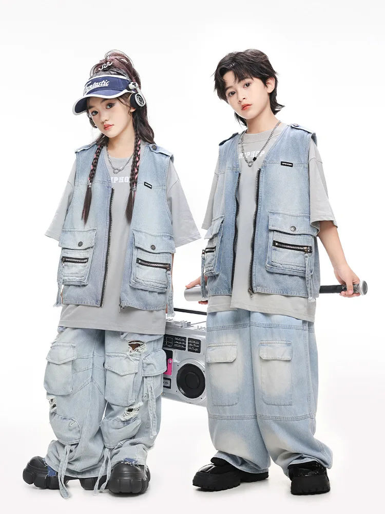 Hip hop meninos camiseta retro denim colete rasgado jeans meninas streetwear calças de carga crianças roupas de dança rua crianças traje palco