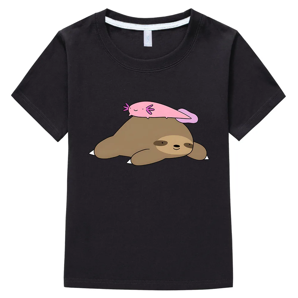 Pink Axolotl and Sloth Girls Tshirts Summer Anime Short Sleeve Kids Clothes Children's T-shirt 100% Cotton Streetwear Boys Tees