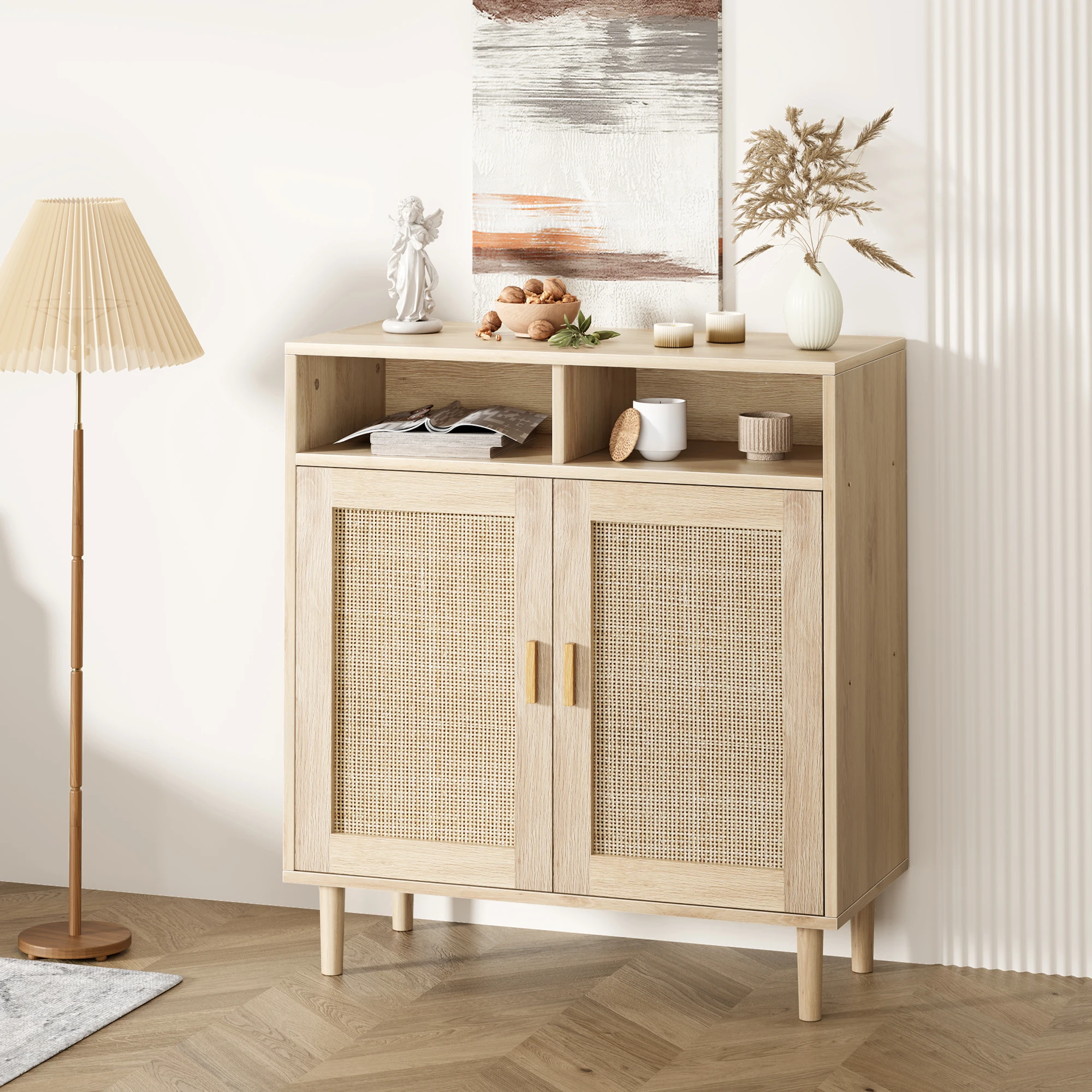 Modern Rattan Buffet Sideboard Cabinet, Living Room TV Stand, Kitchen Coffee Bar Console, 2 Doors with Shelves Storage,Farmhouse Bar Furniture