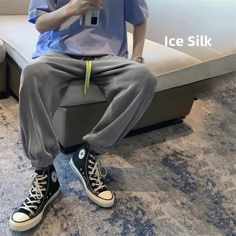 

Ice Silk Trousers for plus Size Men Drapey Loose Fit Summer Korean Sle Belted Pleated Qui Dry Casual Pants for Teens And ...