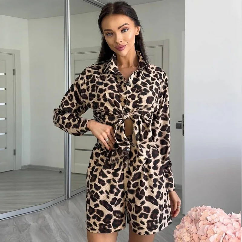 

New Leopard Print Short Two Piece Set Women 2024 Summer Homewear Set Long Sleeves Shirts & Shorts 2 Piece Suit Streetwear Ladies