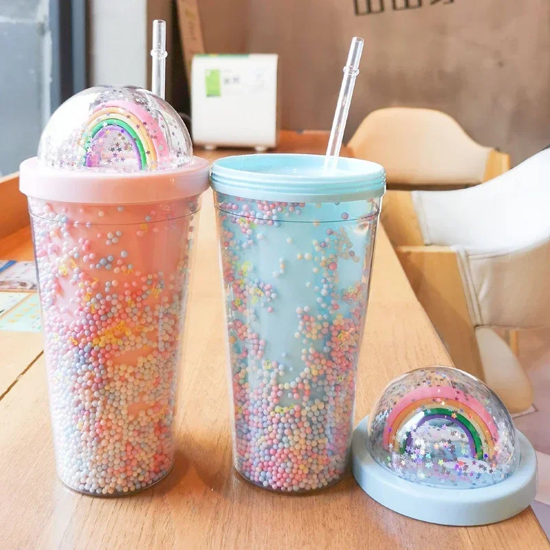 550ml Creative Rainbow Straw Fashion Large Capacity Double Layer Body Color Bead Drink Women\'s Plastic Water Cup