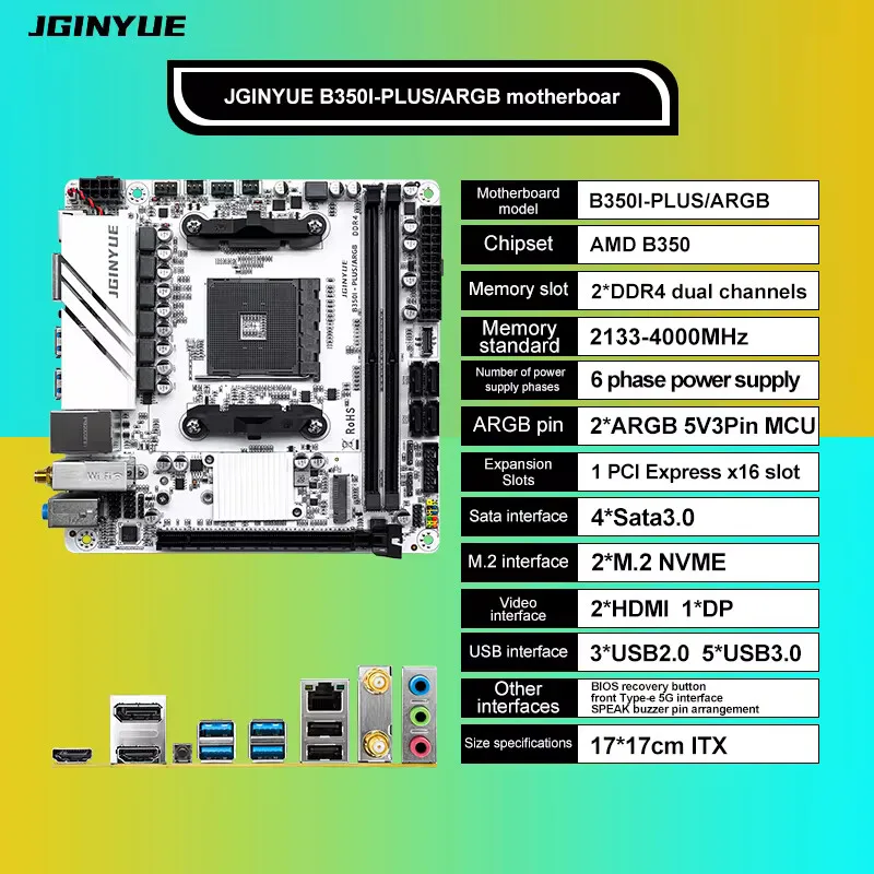 JGINYUE B350I-PLUS/ARGB Motherboard AMD AM4 ITX 2xDDR4 RAM PCI-E
