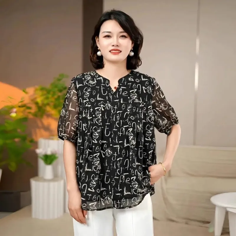 

Женская элегантная шифоновая блузка с буквенным принтом, свободный облегающий топ с рукавами три четверти для женщин среднего возраста, черный цвет