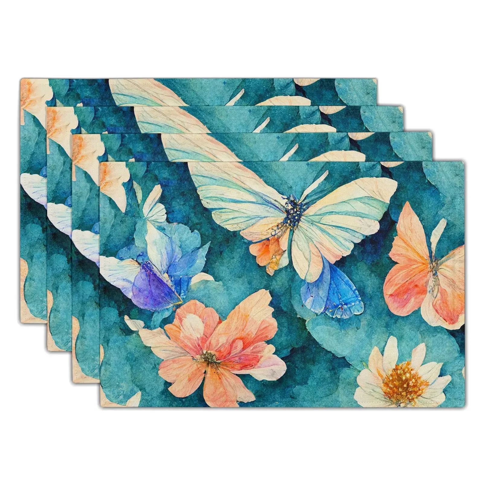 Flowers Butterfly Table Pad Entomology Watercolor Table Mats Rectangle Durable Placemat Heat Insulation Burlap Kitchen Mat